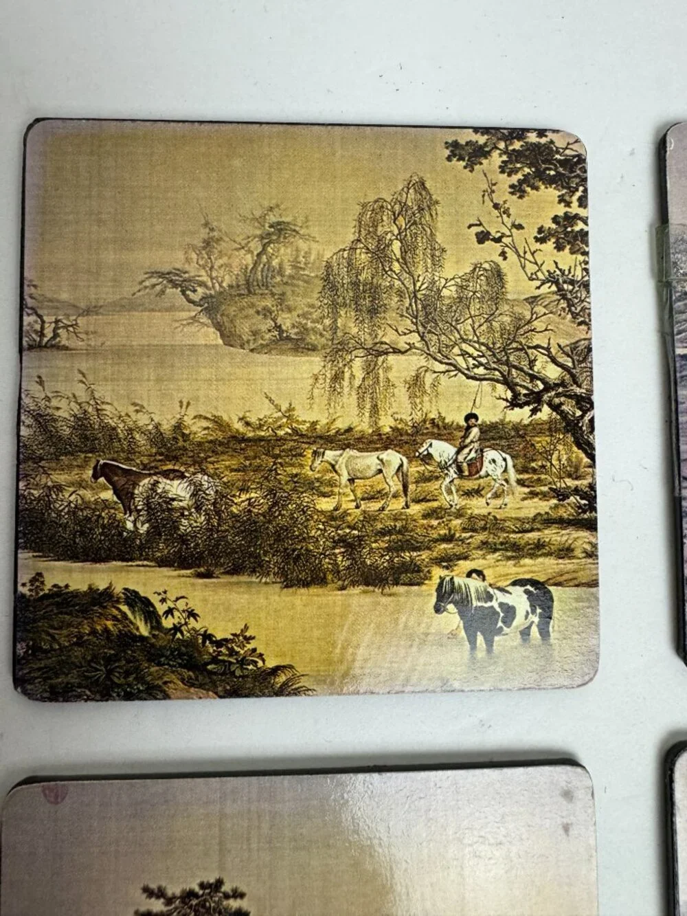 Vintage Set of 6 Decorative Coasters Asian - Inspired Pastoral Landscape Horses